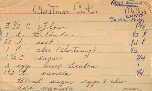 Vintage Handwritten Christmas Cookies Recipe Card. Christmas Cookies