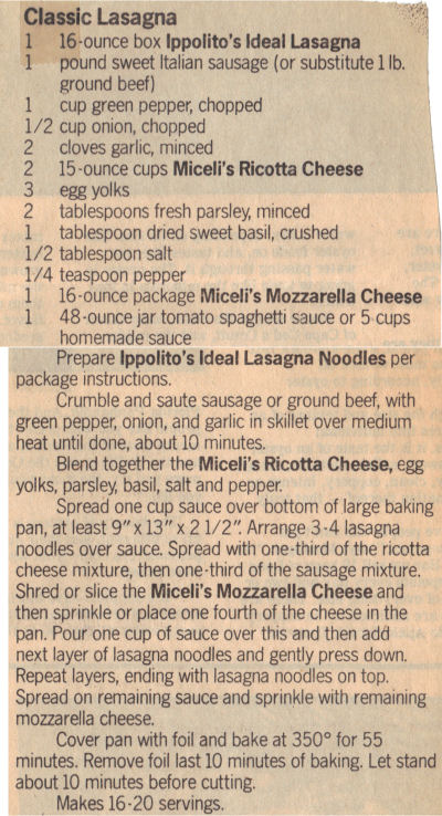 Recipes Lasagna on Classic Lasagna Recipe Clipping   Recipecurio Com