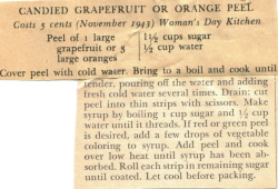 November 1943 Recipe Clipping - Candied Grapefruit or Orange Peel