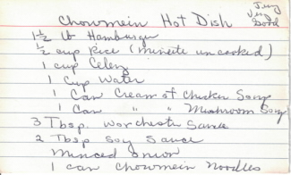 Handwritten Recipe Card For Chowmein Hot Dish - Click To View Larger