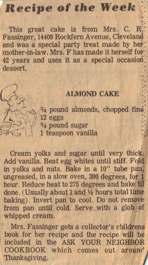 Almond Cake Recipe Clipping - Vintage