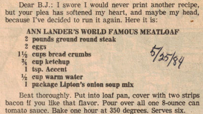Ann Lander's World Famous Meatloaf Recipe