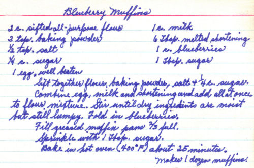 Handwritten Blueberry Muffins Recipe Card
