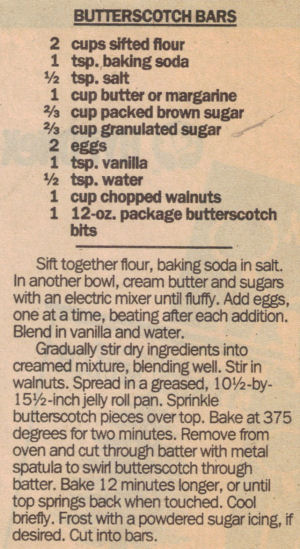 Butterscotch Bars Recipe Clipping