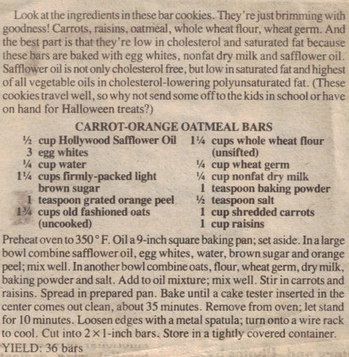 Carrot-Orange Oatmeal Bars Recipe Clipping