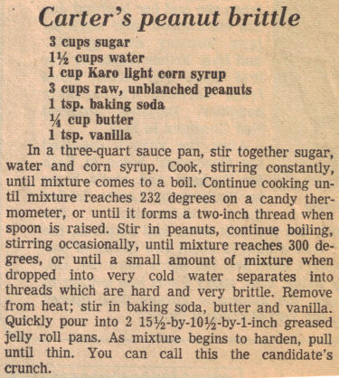 Vintage Jimmy Carter's Peanut Brittle Recipe Clipping