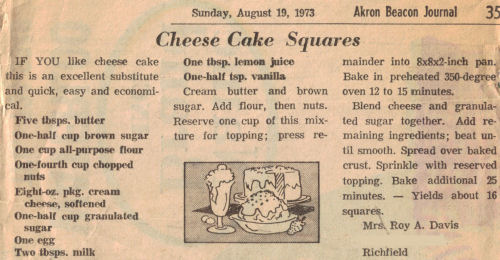 Cheese Cake Squares Recipe Clipping