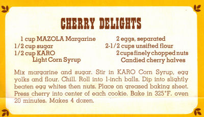Vintage Recipe Sheet From Karo For Cherry Delights