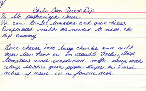 Handwritten Chili Con queso Dip Recipe Card