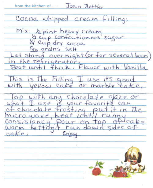 Handwritten Recipe For Cocoa Whipped Cream Filling