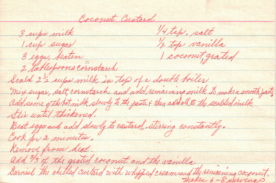 Coconut Custard Recipe - Handwritten Recipe - Click To View Larger