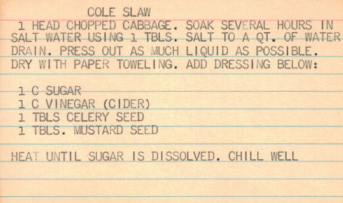 Vintage Cole Slaw Recipe Typed On Card