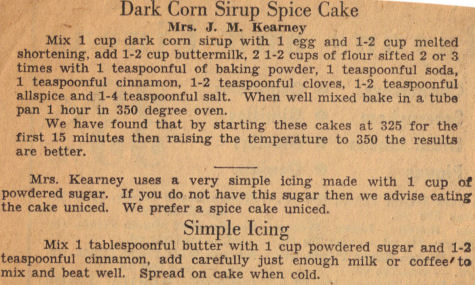 Dark Corn Sirup Spice Cake Recipe Clipping
