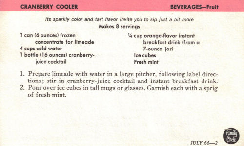 Vintage Cranberry Cooler Recipe Card