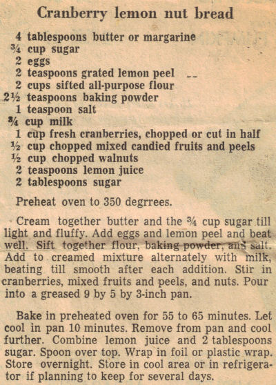 Cranberry Lemon Nut Bread Recipe Clipping
