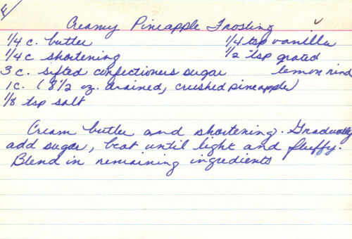 Handwritten Creamy Pineapple Frosting Recipe