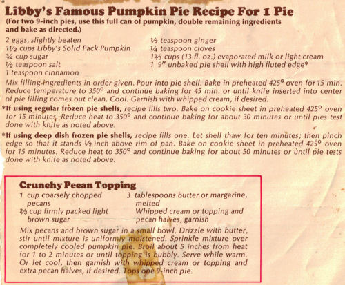 Libby's Famous Pumpkin Pie Recipe For 1 Pie