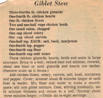 Giblet Stew Recipe Clipping