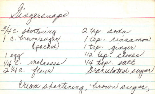 Handwritten Gingersnaps Recipe Card