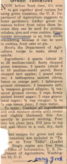 Green Tomatoes Mincemeat Recipe Clipping