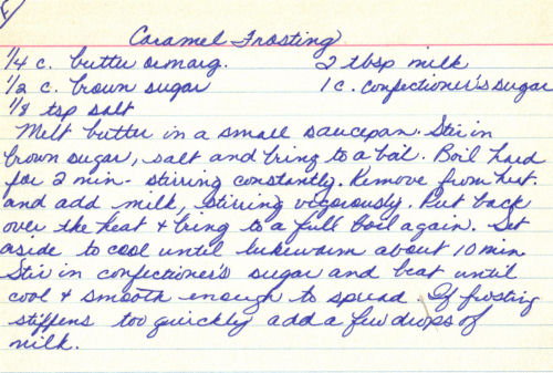 Handwritten Caramel Frosting Recipe Card