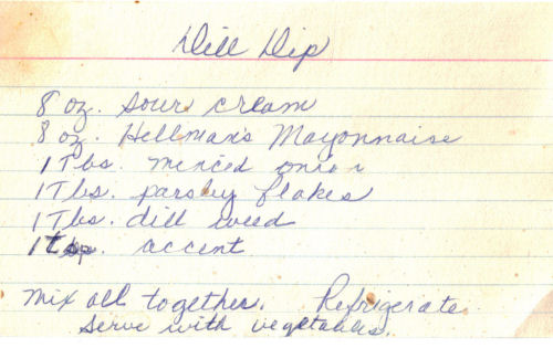 Handwritten Dill Dip Recipe Card