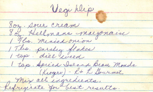 Handwritten Vegi Dip Recipe Card