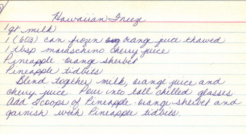 Hawaiian Freeze Handwritten Recipe