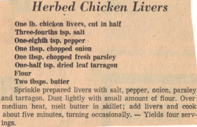 Herbed Chicken Livers Newspaper Clipping