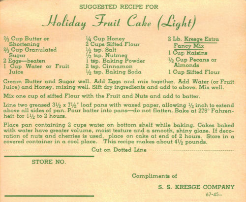 Holiday Fruit Cake (Light) Vintage Recipe Card