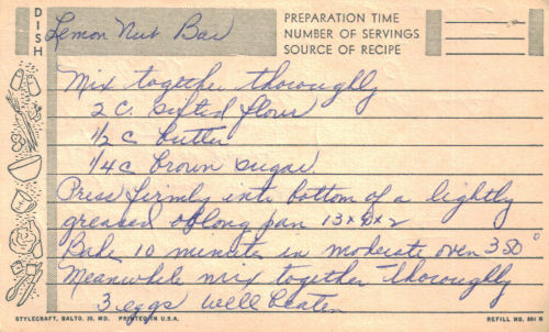 Vintage Lemon Nut Bar Handwritten Recipe Card