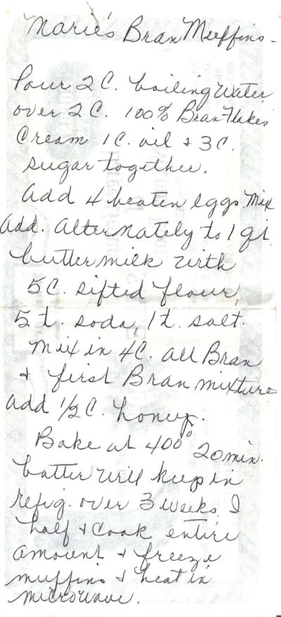 Marie's Handwritten Bran Muffins Recipe