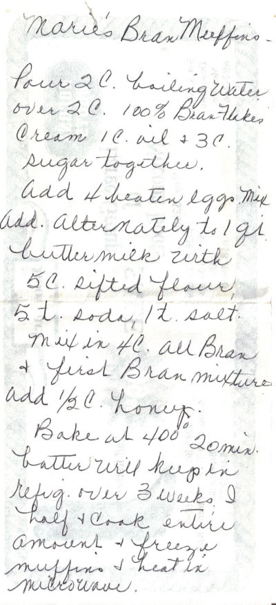 Marie’s Bran Muffins Recipe – Handwritten « RecipeCurio.com