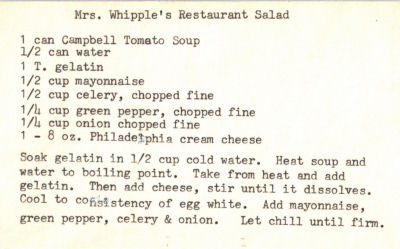 Mrs. Whipple's Restaurant Salad Recipe Card