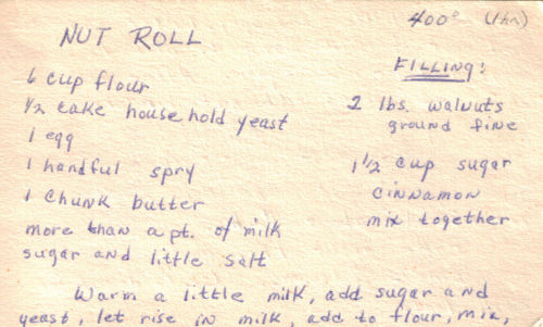 Handwritten Nut Roll Recipe Card