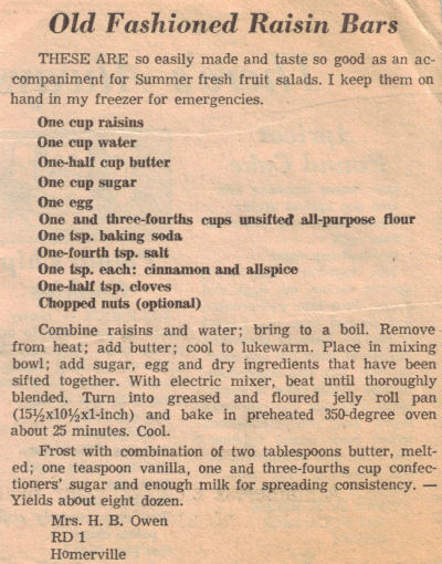 Old Fashioned Raisin Bars Recipe Clipping