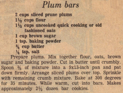 Plum Bars Recipe Clipping