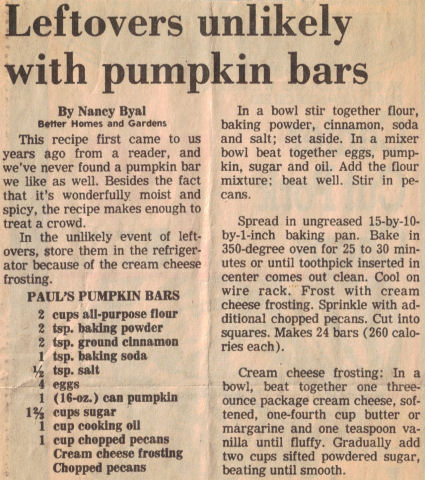 Pumpkin Bars Recipe Clipping