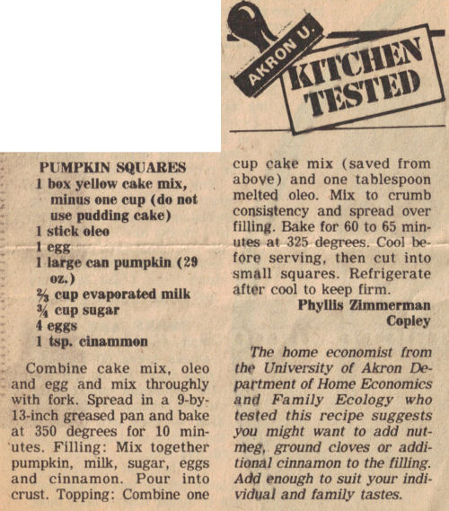 Pumpkin Squares Recipe Clipping