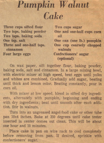 Pumpkin Walnut Cake Vintage Recipe