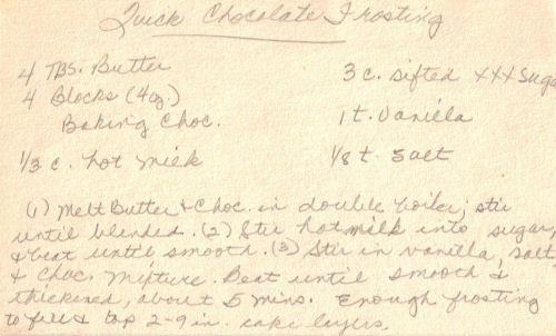 Handwritten Recipe For Quick Chocolate Frosting
