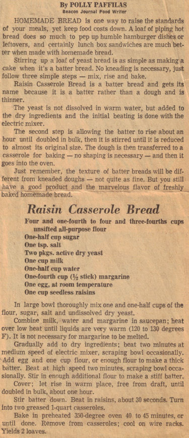 Raisin Casserole Bread Recipe Clipping