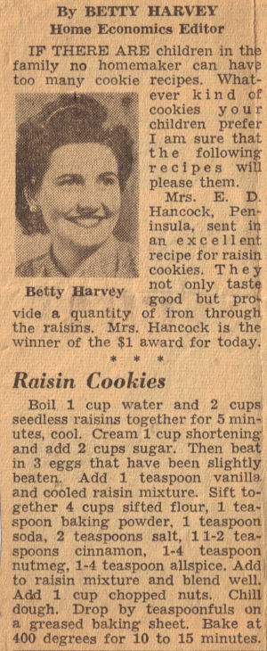 Vintage Raisin Cookies Recipe Clipping
