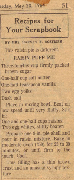 Raisin Puff Pie Recipe Clipping
