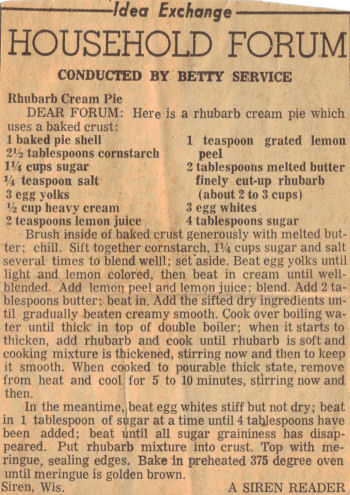 Newspaper Clipping For Rhubarb Cream Pie Recipe