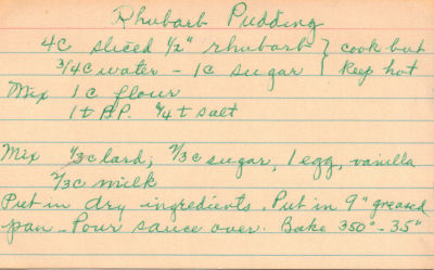 Handwritten Recipe For Rhubarb Pudding