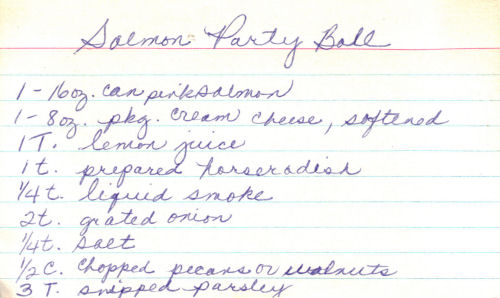 Handwritten Salmon Party Ball Recipe Card