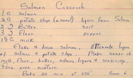 Salmon Casserole Handwritten Recipe Card