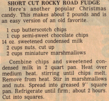 Short Cut Rocky Road Fudge Recipe Clipping