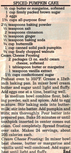 Spiced Pumpkin Cake Recipe Clipping